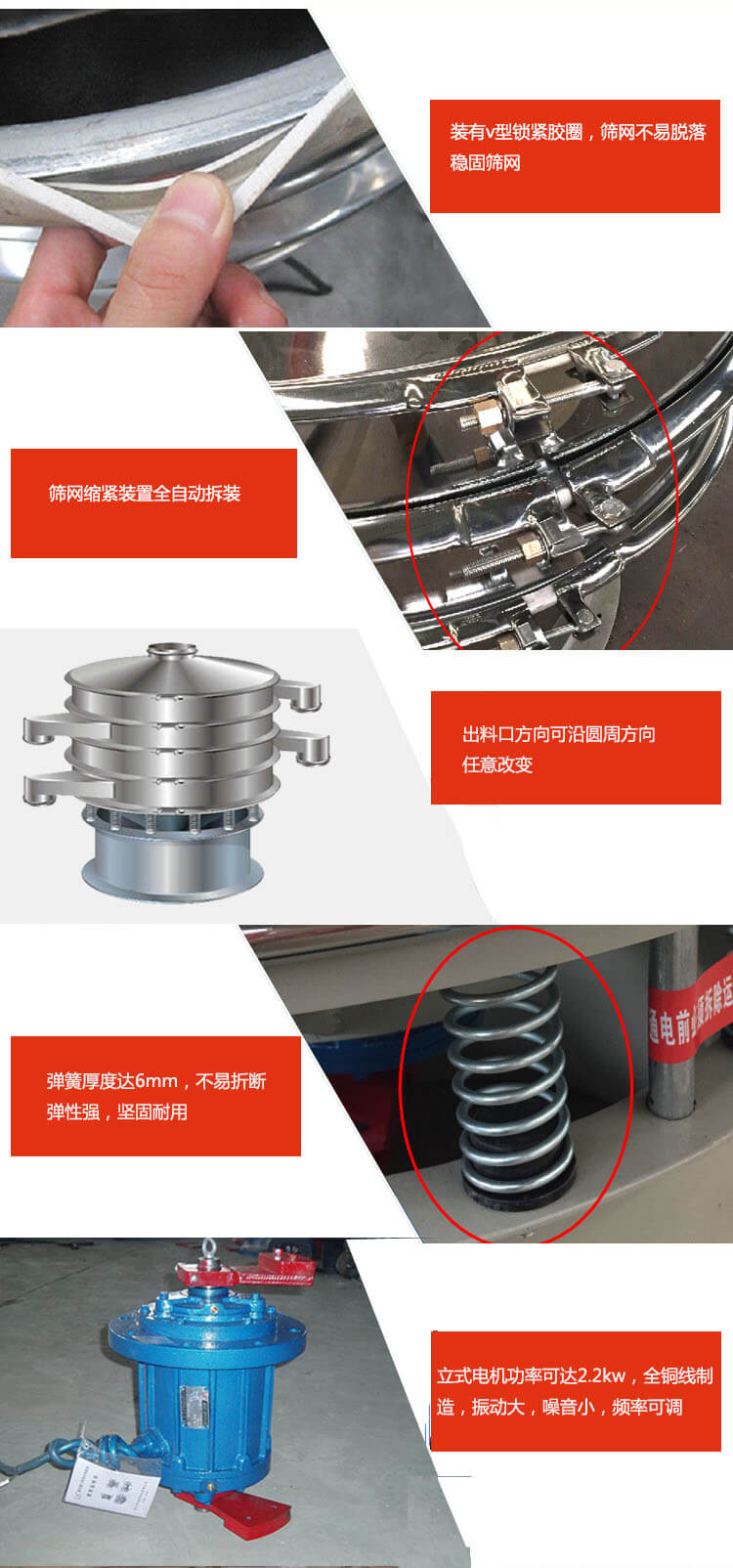 装有V型锁紧胶圈,使筛网不易脱落稳固筛网,筛网锁紧装置,全自动拆装,出料口方向可沿圆周方向任意改变。弹簧厚度达6mm,不易折断,弹性强,坚固耐用。专业的振动电机,全铜线制造,振动大,机械噪音小,频率可调。产品对比:材质:大汉振动筛厂家采用304不锈钢材质耐腐蚀性,耐热性强。个别厂家采用其它金属材质,耐腐蚀性,耐热性差蒸发缓慢,烘干效率较低。大汉振动筛厂家采用金属编织网,筛分精度高,效率高,筛网利用率高。