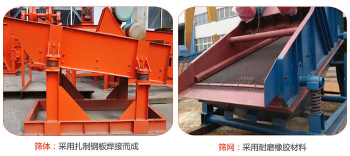 矿用振动筛特点:筛体采用扎制钢板焊接而成,筛网采用耐磨橡胶材质