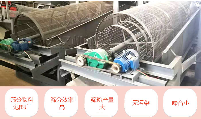 滚筒筛分机主要特点:筛分物料范围广,筛分效率高,筛分产量大,无污染,噪音小。