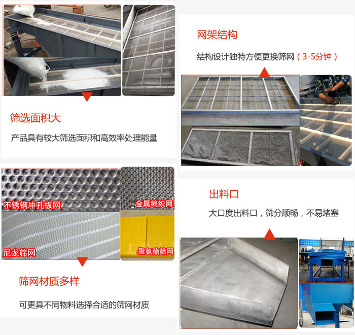 多层直线振动筛筛选面积大,网架结构方便筛网更换,筛网可选:不锈钢冲孔板,金属编织,尼龙筛网,聚氨酯筛网等。