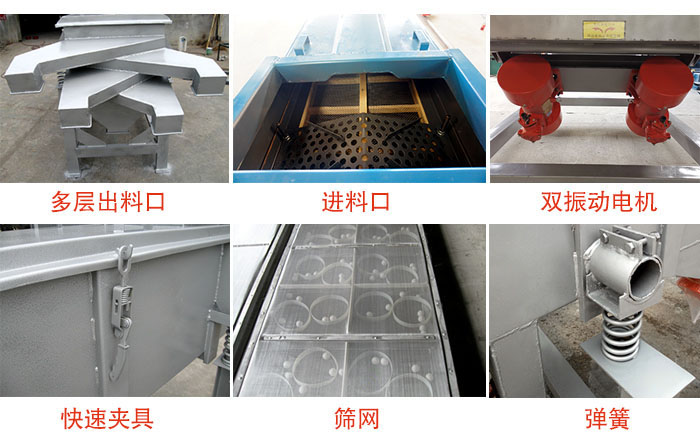 多层直线振动筛出料口,筛网,弹簧,快速夹具,振动电机等